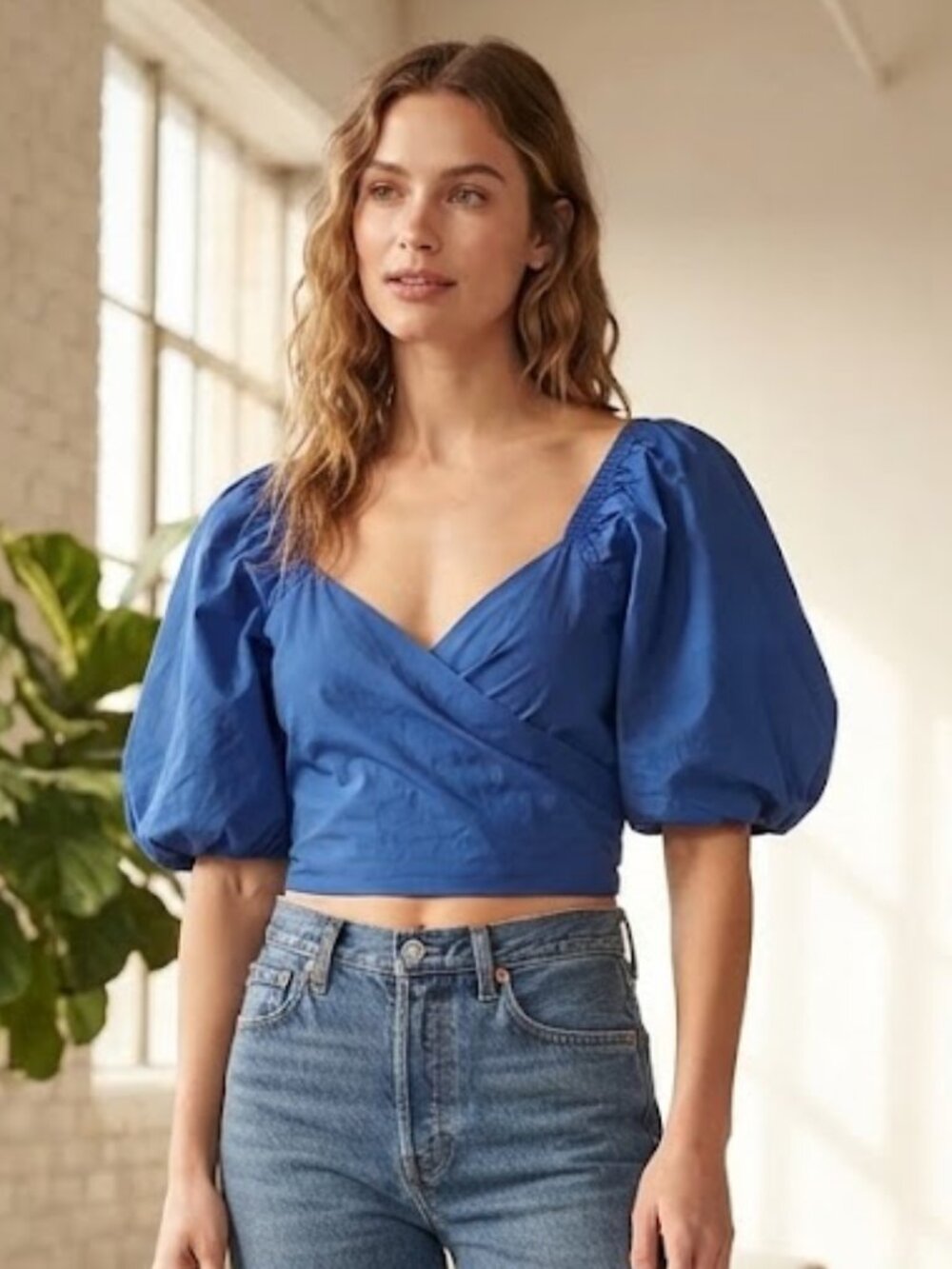 Listicle Boutique Size Small Blue Crop Wrap Top Bubble Sleeve Festival Summer